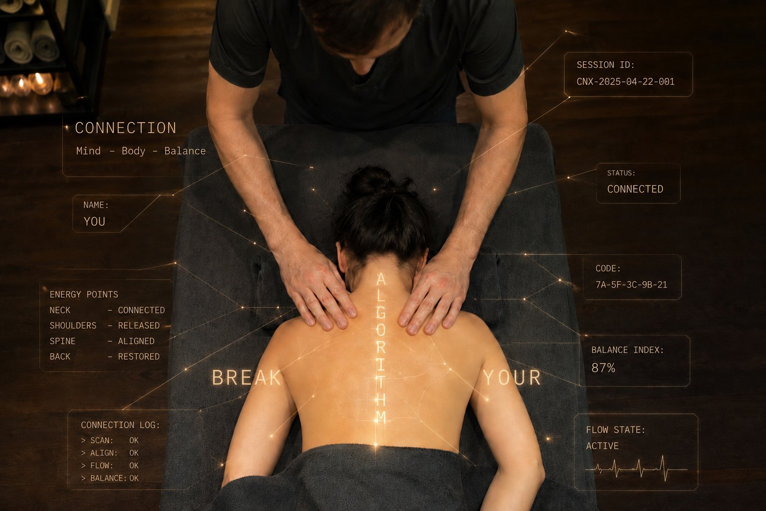 Cristiano providing hands-on massage with a futuristic mind-body connection concept